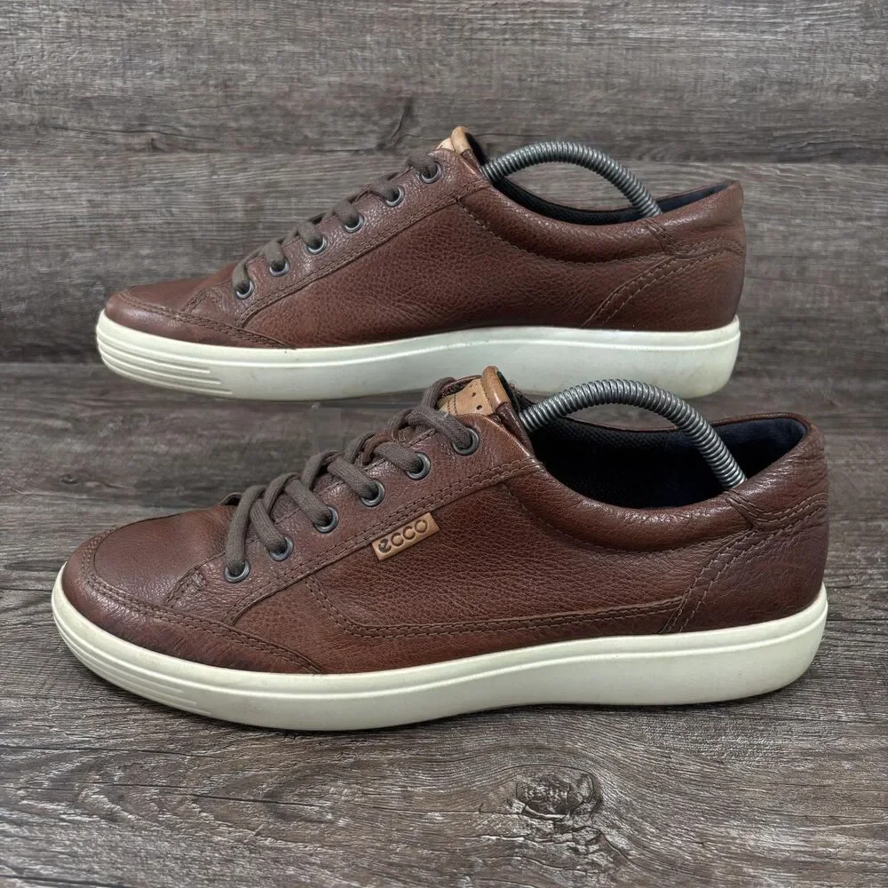 ECCO Soft 7 Shoes Men's 10 Brown Leather Casual Comfort Sneakers Low Top Lace Up